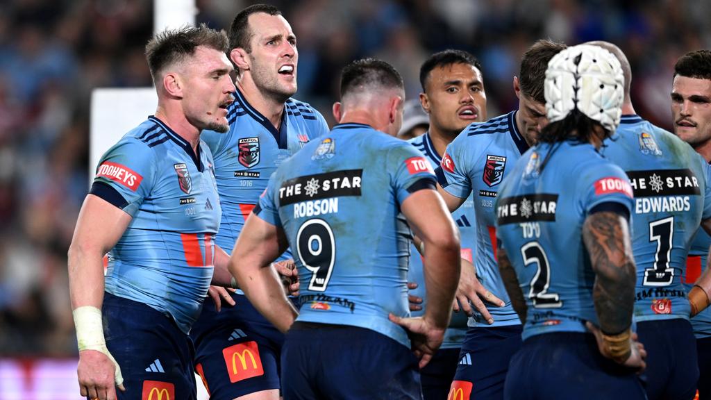 Blues looking dejected down 3 tries. Picture: NRL Photos