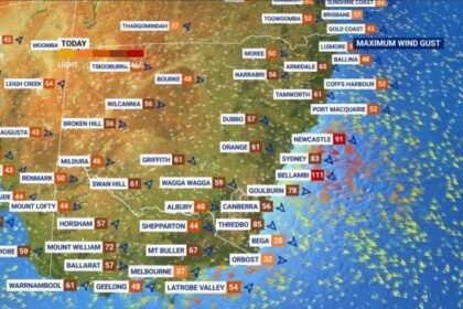 Wind gusts reached 111km/h at Bellambi on the South Coast on Thursday. Picture: Sky News Australia