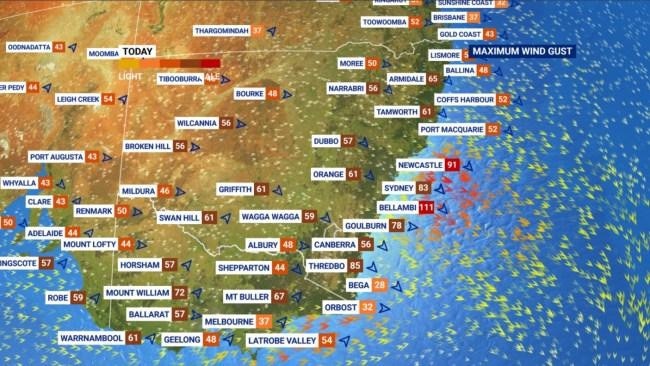Wind gusts reached 111km/h at Bellambi on the South Coast on Thursday. Picture: Sky News Australia